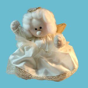 Plush Angel Doll Music Box Movement Satin Lace Gold Wings Hark The Angels Sing